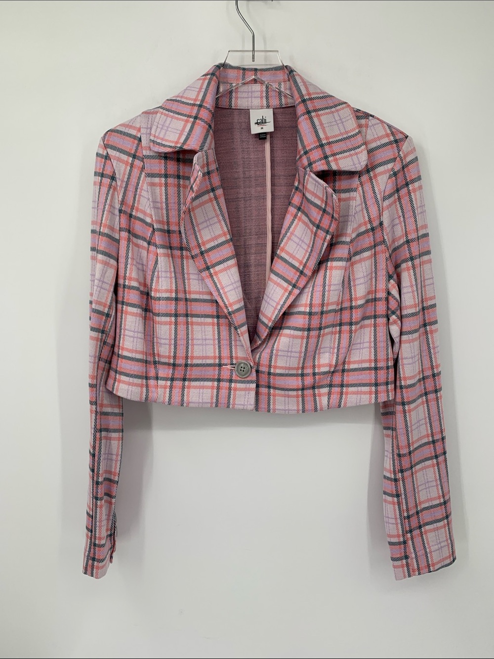 Cabi Playdate cropped ponte knit jacket plaid pink purple stretch gray new M